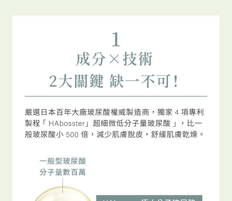 HAbooster極小分子玻尿酸特色特點，分子量只有2000具好吸收特色